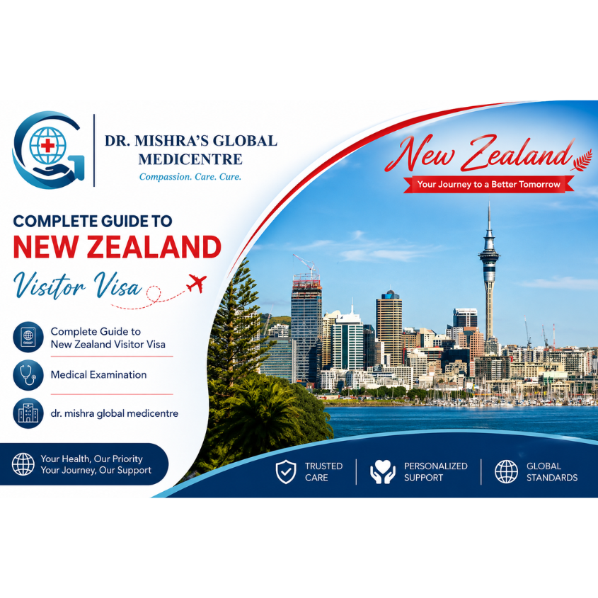Banner showing New Zealand visitor visa medical exam services by Dr. Mishra’s Global Medicentre with mountain landscape and immigration medical support details.